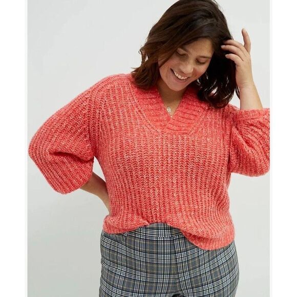 Anthropologie Womens Honore Wool Blend Ribbed V-Neck Sweater Size S red pink - Picture 3 of 16